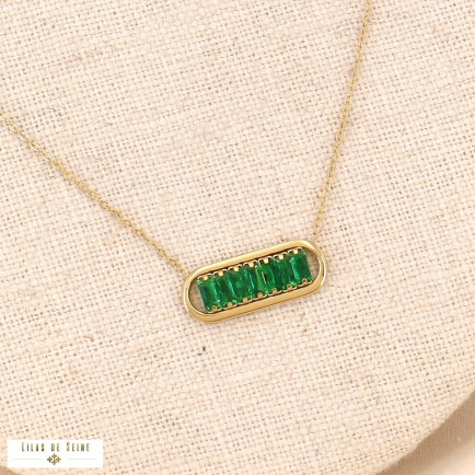 Collier pendentif ovale en acier inoxydable et rangée de strass facettés pour femme 0123532 vert foncé