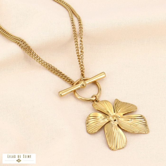 Collier court fleur hibiscus acier inoxydable et multi-chaînes 0123504 doré Collier court fleur hibiscus acier inoxydable et multi-chaînes 0123504 doré