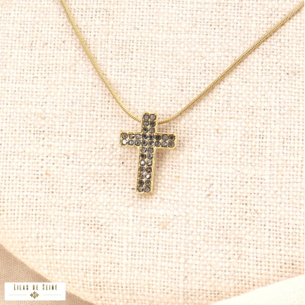 Collier court acier et pendentif croix strass pour femme 0123506 noir