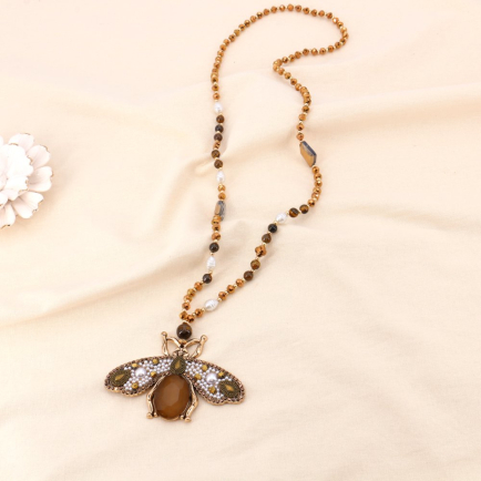 Sautoir perles cristal facettées et pendentif maxi abeille métal doré 0123141 marron