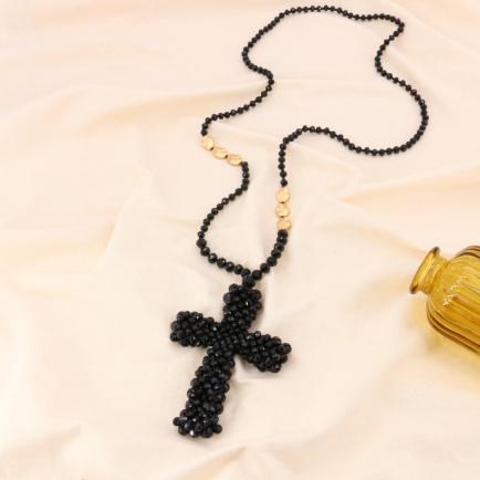 Sautoir perles facettées cristal et croix oversized 0123140 noir
