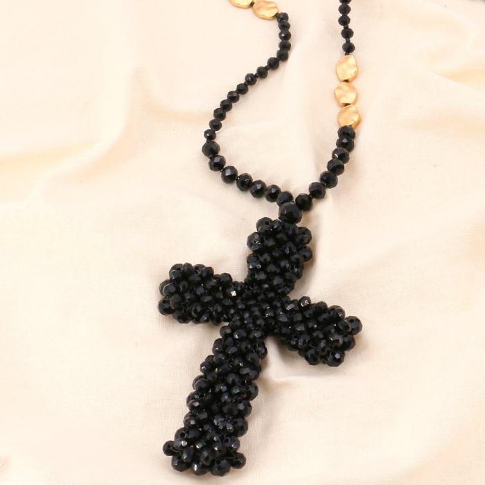 Sautoir perles facettées cristal et croix oversized 0123140 noir