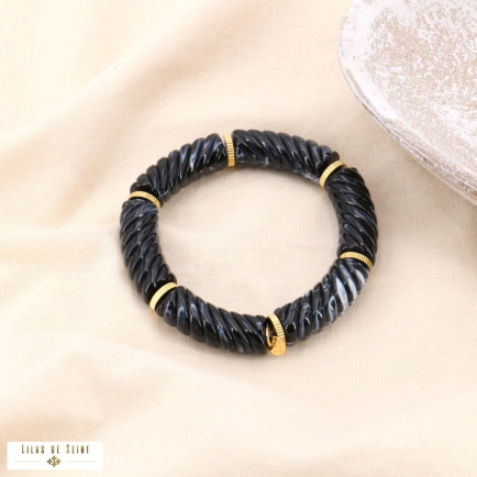 Bracelet antique élastique tubes acrylique torsadé coloré marbré métal femme 0223529 noir