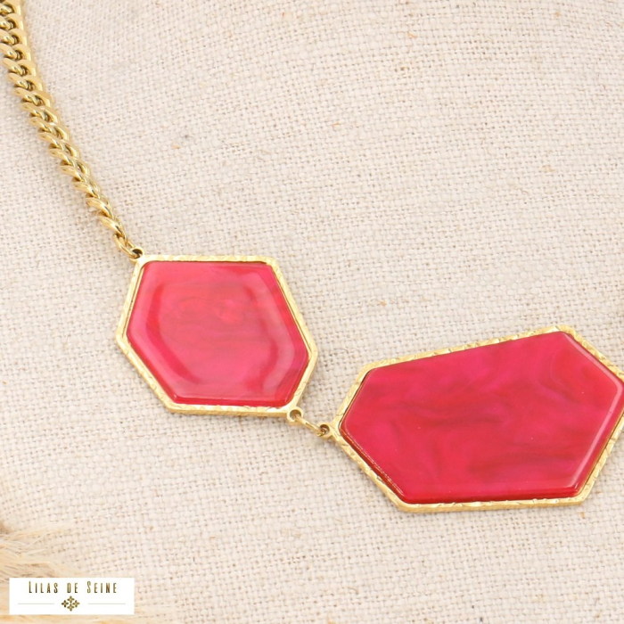 Collier hexagones irréguliers résine effet marbré et acier inoxydable 0123521 fushia