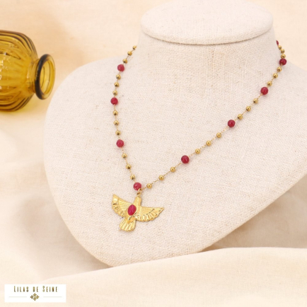 Collier ras de cou oiseau acier inoxydable et billes en pierre naturelle 0123535 fushia