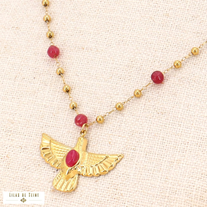 Collier ras de cou oiseau acier inoxydable et billes en pierre naturelle 0123535 fushia