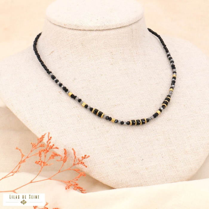 Collier acier court bohème perles cristal et pierres naturelles 0123539 noir