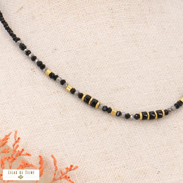 Collier acier court bohème perles cristal et pierres naturelles 0123539 noir