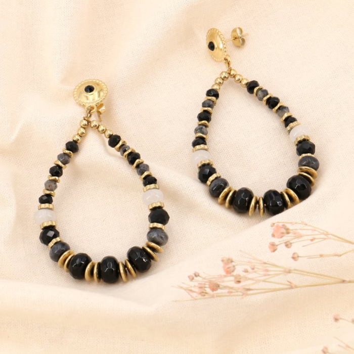 Boucles d'oreilles pendantes bohème en pierres véritables et acier doré 0323569 noir