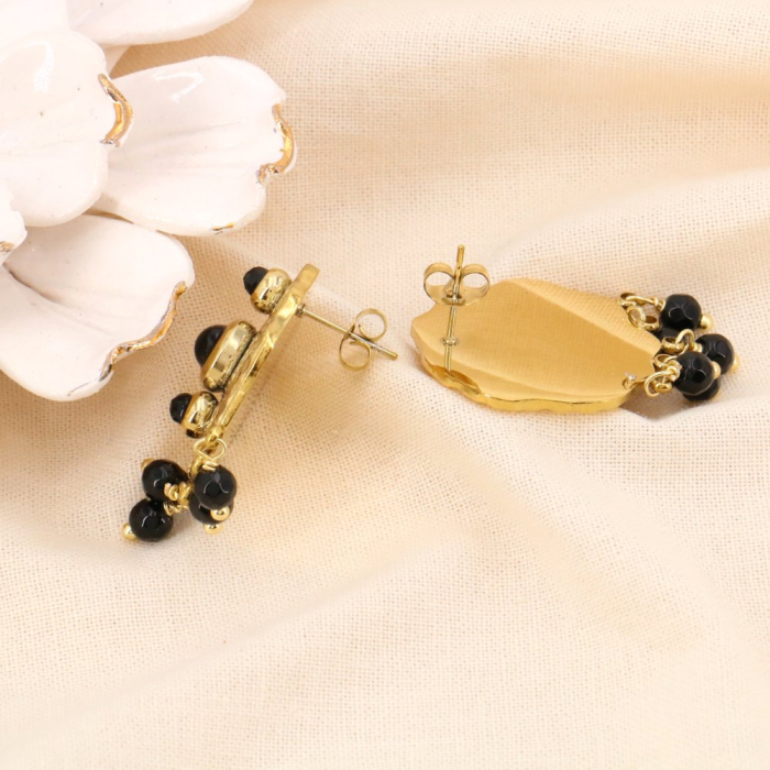 Boucles d'oreilles nénuphar en acier inoxydable doré et breloques pierres naturelles 0323571 noir