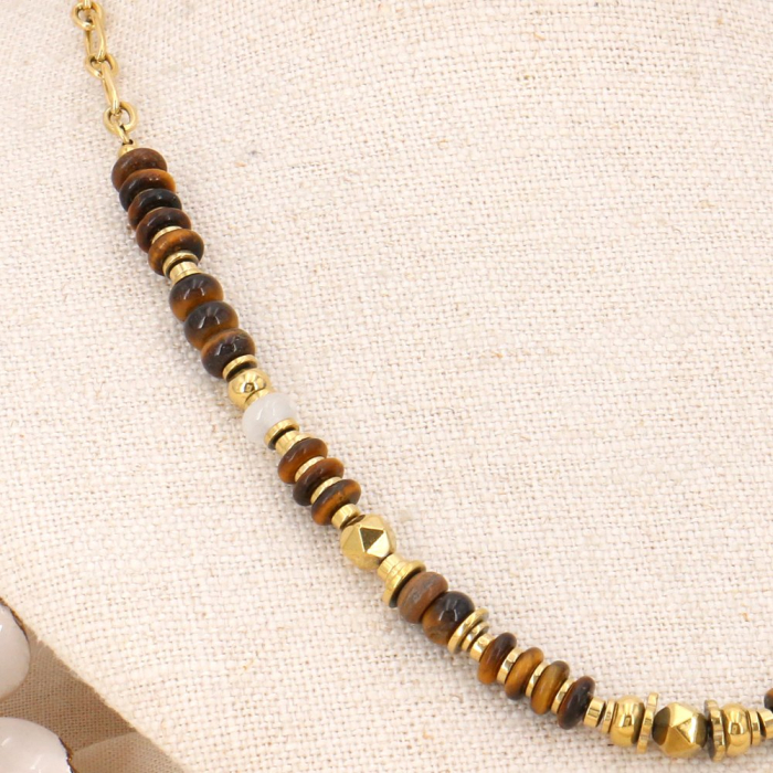 Collier chaîne et perles acier inoxydable et rondelles pierres véritables 0123582 marron