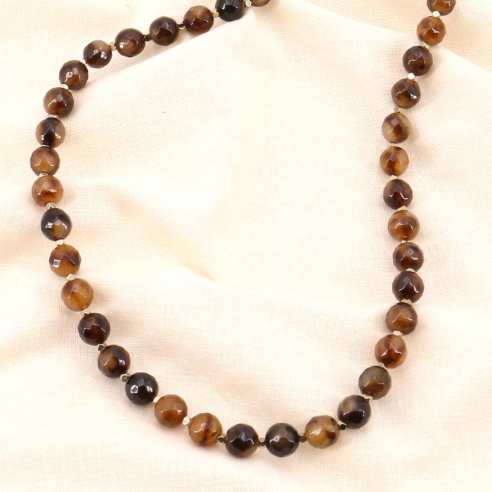 Sautoir en perles de pierres véritables et hématite pour femme 0123546 marron