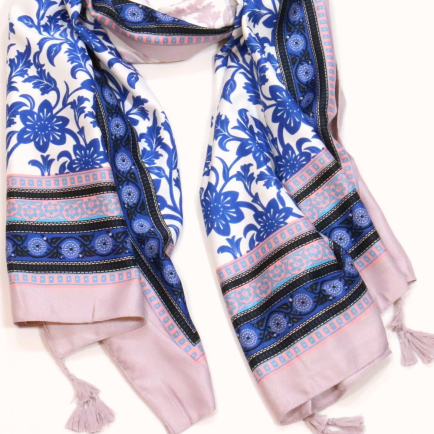 Grand foulard multi-motifs fleurs ou arabesques en polyester avec pompons 0723030 naturel/beige
