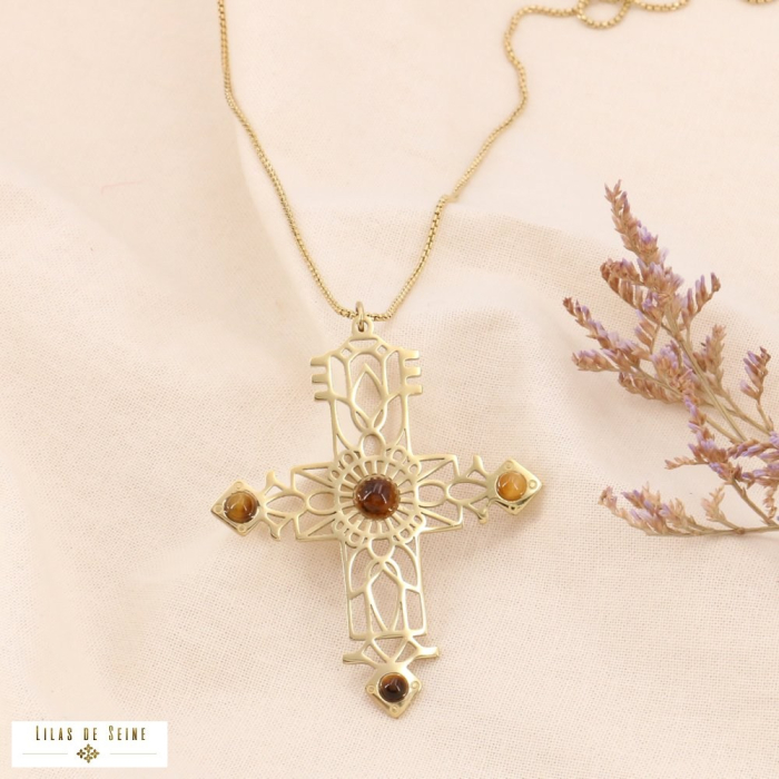 Collier long croix arabesque en acier et cabochons pierres naturelles 0123563 marron