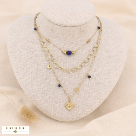 Collier bohème multi-rangs en acier doré, pierres naturelles et médaille cœur rayonnant 0123576 bleu foncé