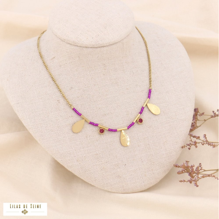 Collier acier inoxydable goutte rocaille strass femme 0123568 violet