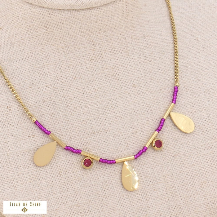 Collier acier inoxydable goutte rocaille strass femme 0123568 violet