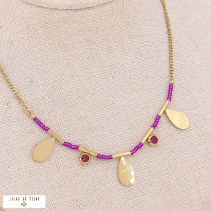 Collier acier inoxydable goutte rocaille strass femme 0123568 violet