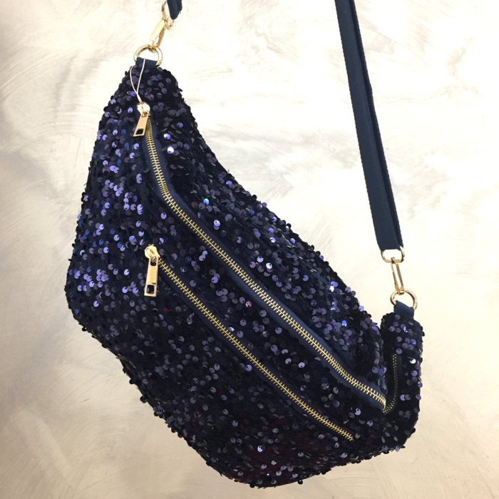 Sac banane double-zip sequins poche arrière extérieure zippée 0923518 bleu foncé
