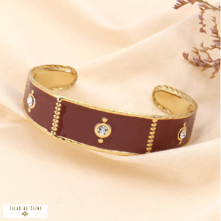 bracelet jonc ouvert acier inoxydable vintage résine époxy strass femme 0222530 marron