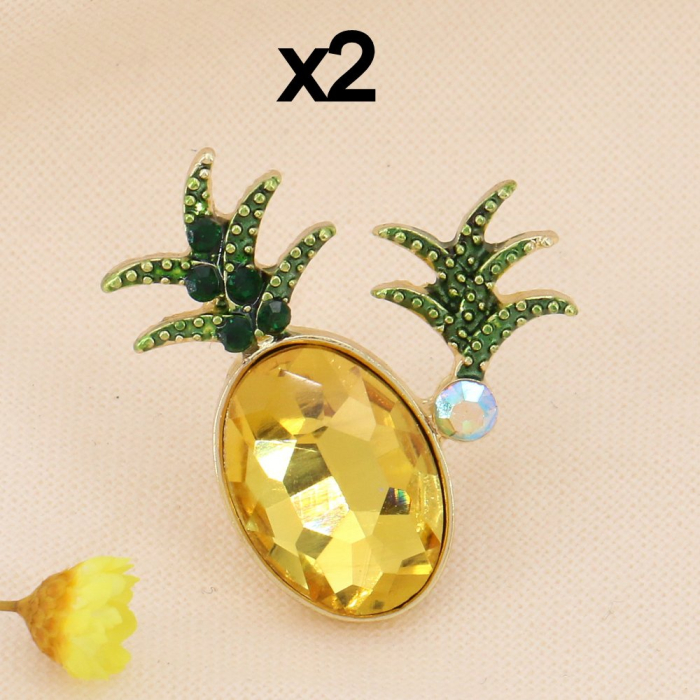 Lot x2 pin's broche ananas cristaux, strass et métal pour femme 0623502 doré