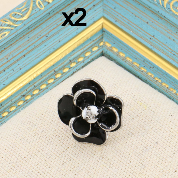 Lot x2 mini broche pin's forme fleur camélia en métal et émail 0623508 noir