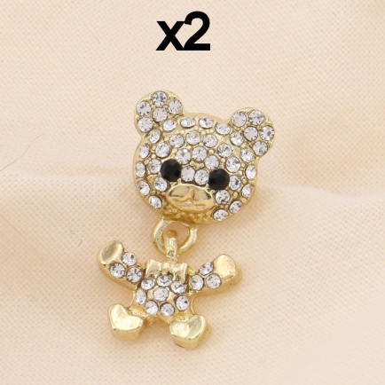 Lot x2 pin's nounours articulé en métal et strass blancs pour femme 0623511 doré
