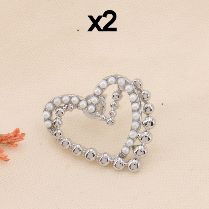 Lot x2 pin's double coeur métal et perles blanches imitation 0623513 argenté