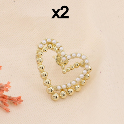 Lot x2 pin's double coeur métal et perles blanches imitation 0623513 doré