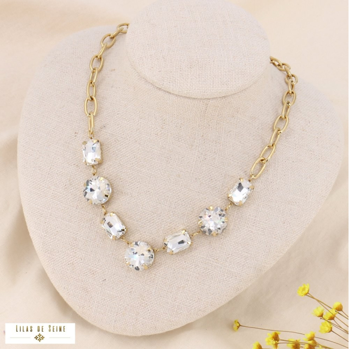 Collier perles cristaux baroques et chaîne acier inoxydable 0123530 blanc