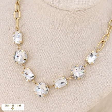 Collier perles cristaux baroques et chaîne acier inoxydable 0123530 blanc