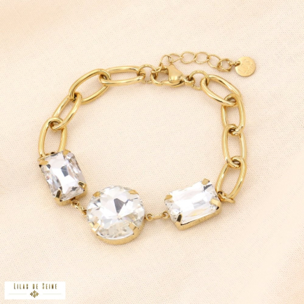 Bracelet perles strass baroques et chaîne acier inoxydable doré 0223512 blanc