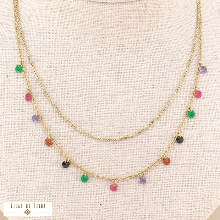 Collier deux rangs bohème en acier et perles cristal facetté 0123537 multi