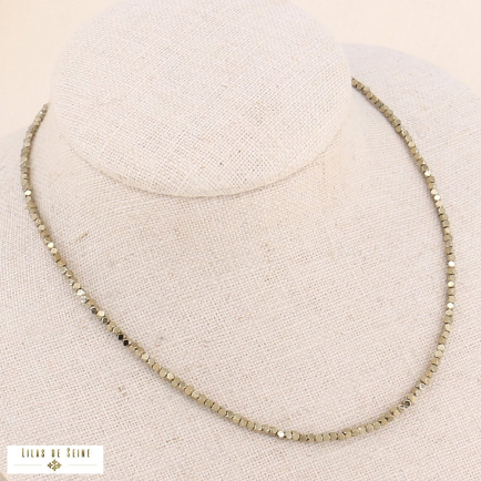 Collier ras de cou petites perles cubes en hématite et acier inoxydable 0123561 doré