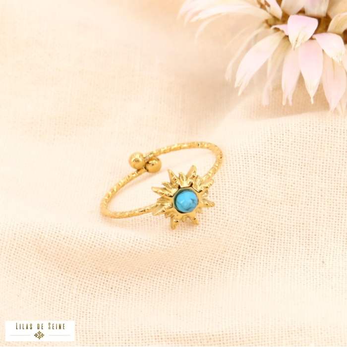 Bague soleil en acier inoxydable doré et pierre véritable 0423525 bleu turquoise
