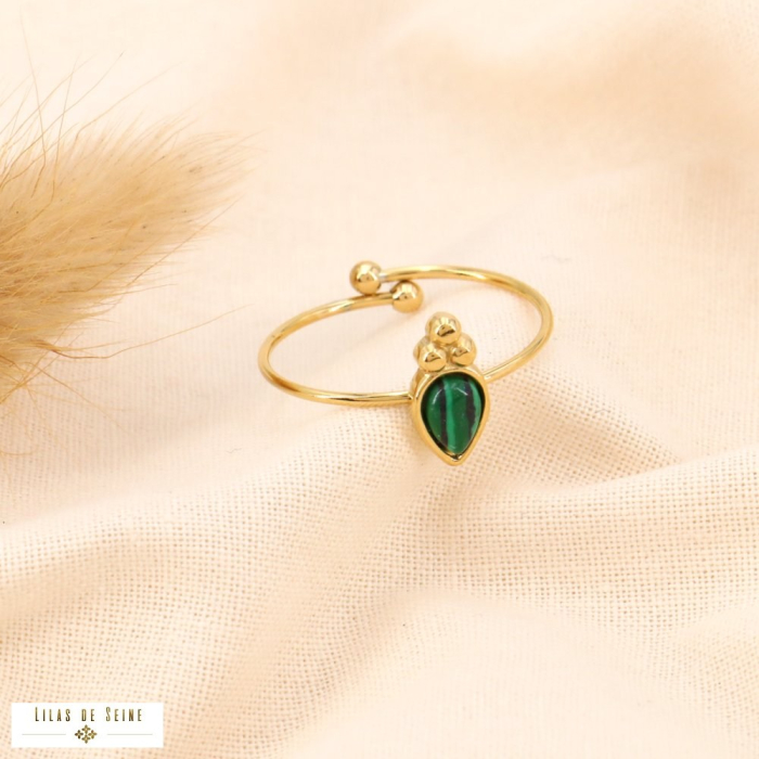Bague porte-bonheur en acier inoxydable doré et pierre naturelle 0423528 vert foncé