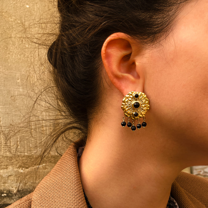 Boucles d'oreilles nénuphar en acier inoxydable doré et breloques pierres naturelles 0323571 noir
