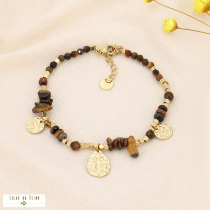 Bracelet perles de pierres biseautés et breloques acier martelé 0223557 marron