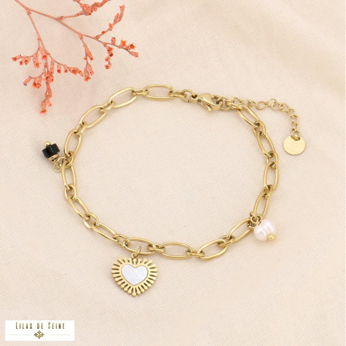 Bracelet acier doré charm coeur nacre et perle d'eau douce 0223559 noir