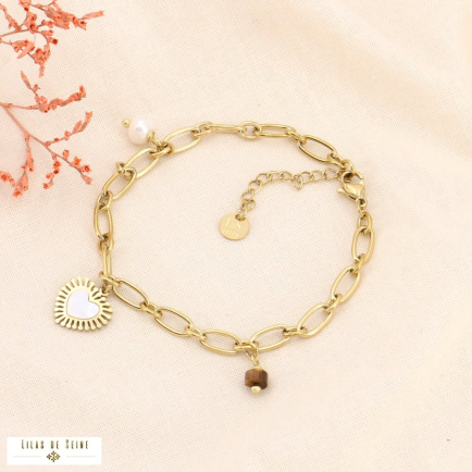 Bracelet acier doré charm coeur nacre et perle d'eau douce 0223559 marron