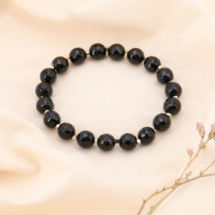 Bracelet élastique grosses perles en pierres véritables et acier 0223534 noir