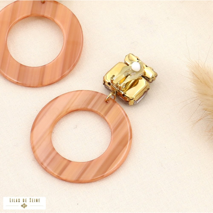 Boucles pendantes à CLIP acier, strass et anneaux acétate 0323530 marron