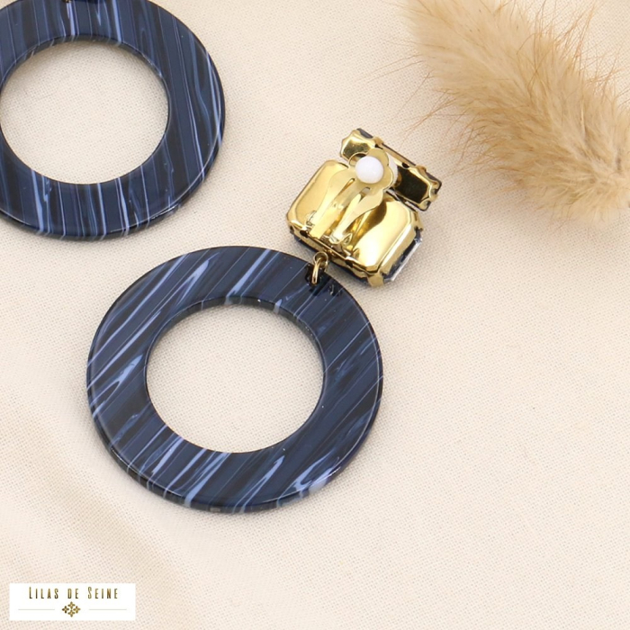 Boucles pendantes à CLIP acier, strass et anneaux acétate 0323530 bleu foncé