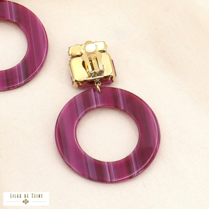 Boucles pendantes à CLIP acier, strass et anneaux acétate 0323530 fushia