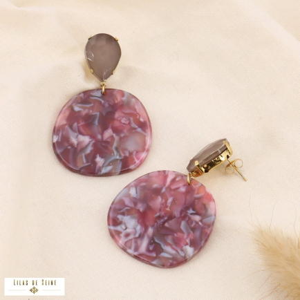 Maxi boucles d'oreilles disques résine marbrée et acier 0323536 rose