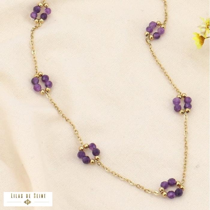 Collier acier inoxydable fleurs bille pierre naturelle 0123578 violet