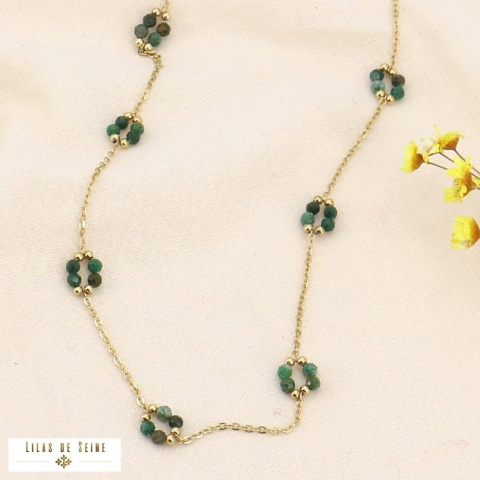 Collier acier inoxydable fleurs bille pierre naturelle 0123578 vert foncé
