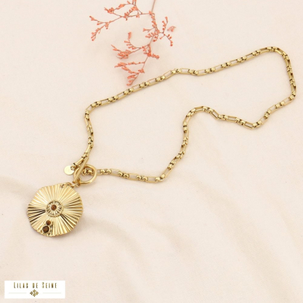 Collier acier inoxydable pendentif ondulé pierre 0123572 marron