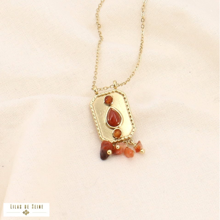 Collier acier inoxydable pendentif ethnique pierre strass 0123570 orange foncé