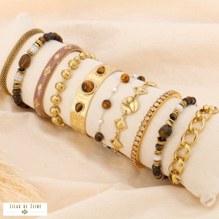 Ensemble 10 bracelets joncs acier chaîne pierre strass émail 0223625 marron